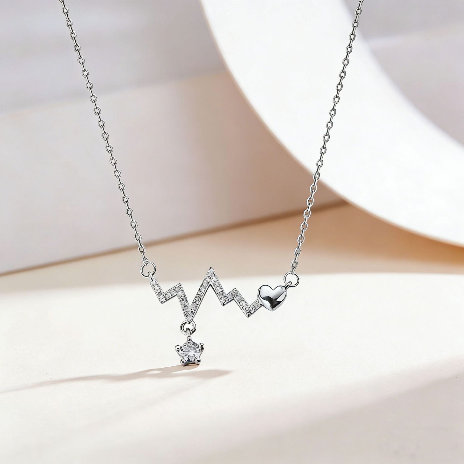 925 Sterling Silver Diamond Heartbeat Necklace